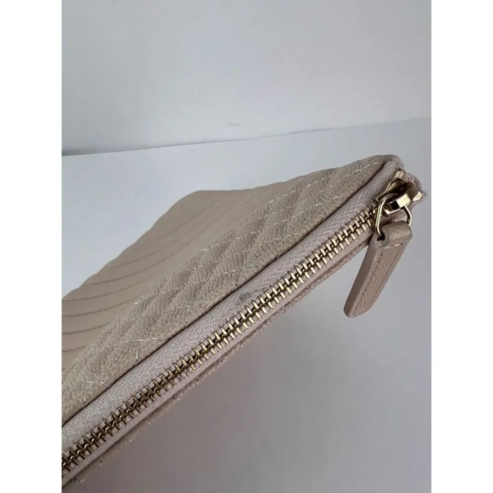Chanel Caviar Chevron Quilted Large Beige Leather Cosmetic Clutch Bag